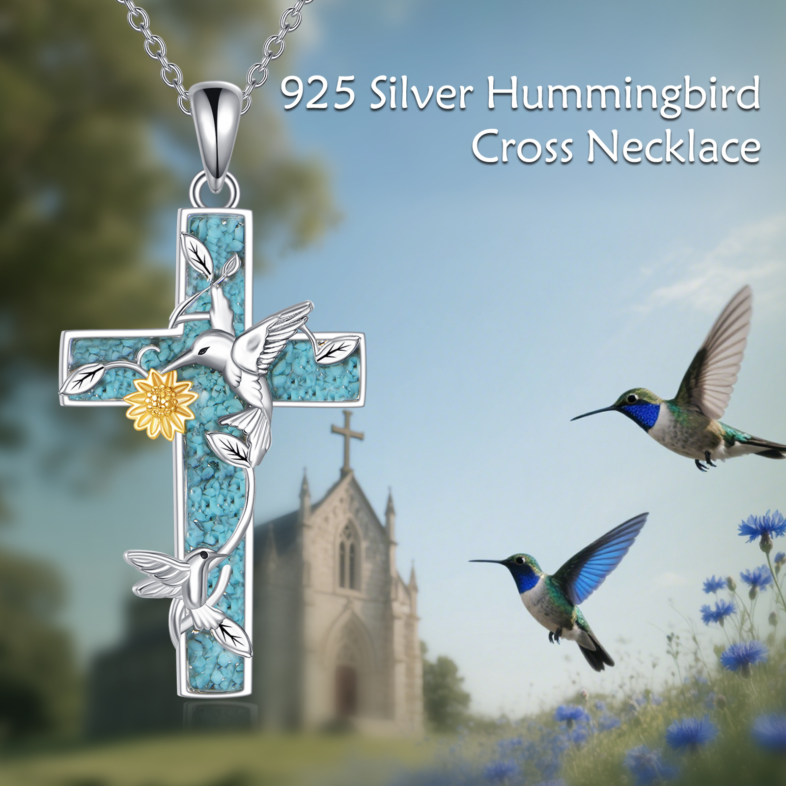 Women's 925 Sterling Silver Hummingbird Cross Pendant Necklace with Turquoise
